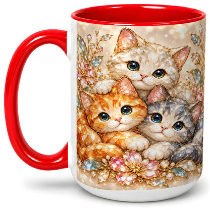 #pl[15oz|Red] Faceted Cat Floral Artwork Accent Mug, Ceramic Cup for Cat Lovers