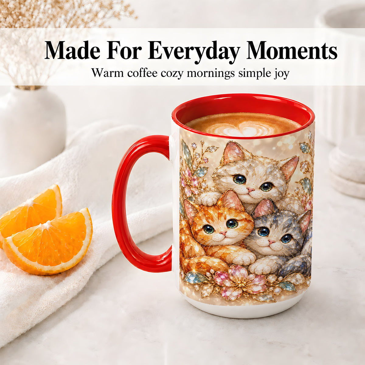 #pl[15oz|Red] Faceted Cat Floral Artwork Accent Mug, Ceramic Cup for Cat Lovers