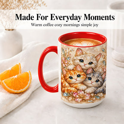 #pl[15oz|Red] Faceted Cat Floral Artwork Accent Mug, Ceramic Cup for Cat Lovers