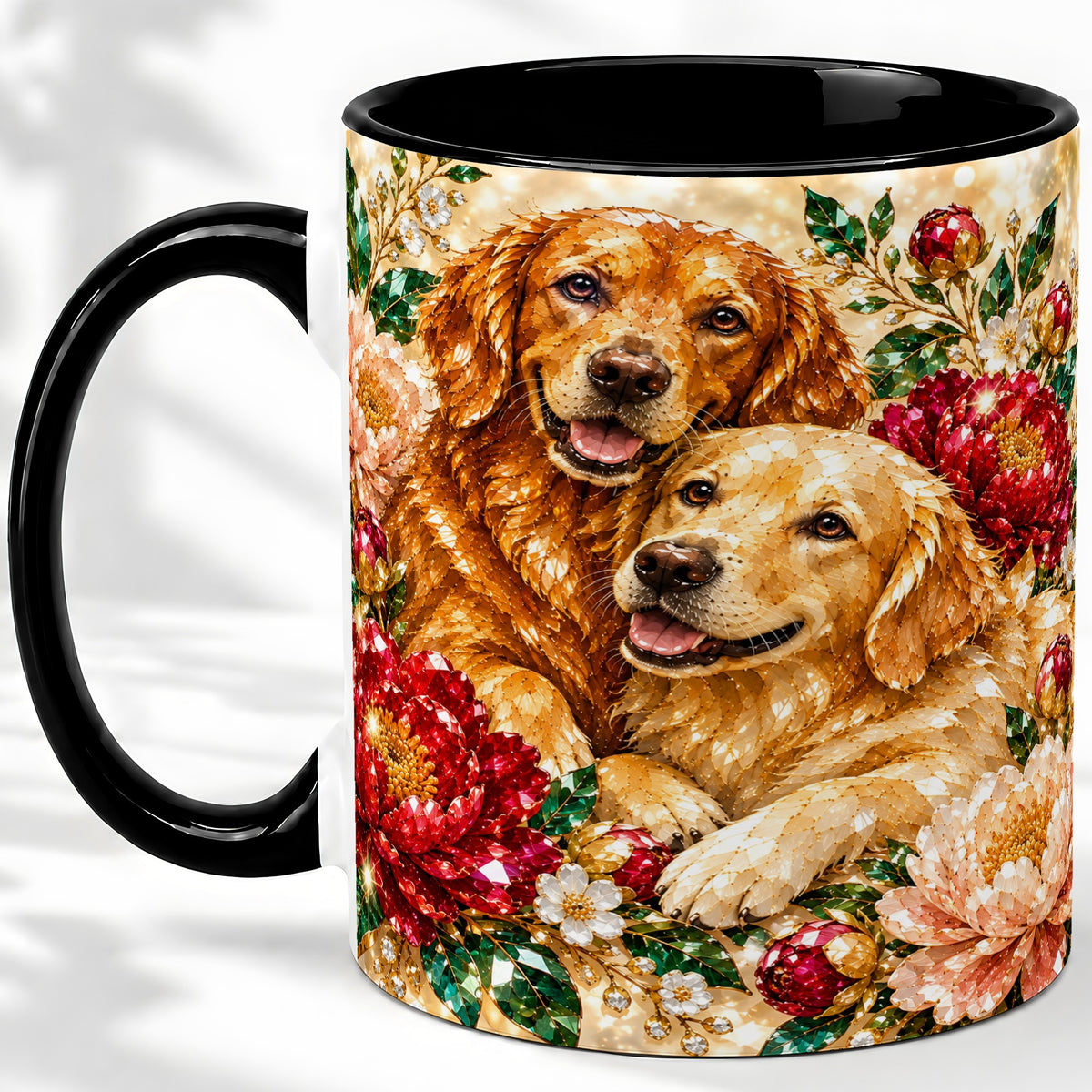 #pl[11oz|Black] Faceted Golden Retriever Floral Accent Mug, Ceramic Cup for Dog Lovers