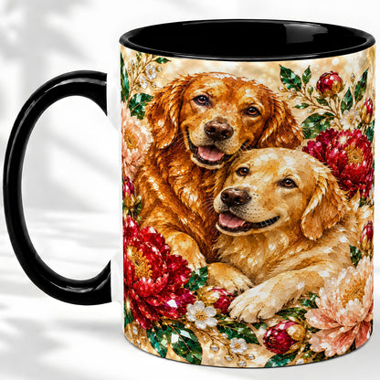#pl[11oz|Black] Faceted Golden Retriever Floral Accent Mug, Ceramic Cup for Dog Lovers