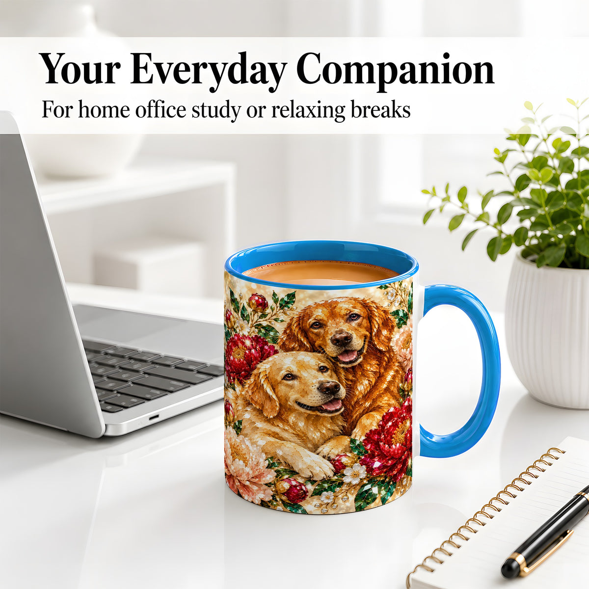 #pl[11oz|Blue] Faceted Golden Retriever Floral Accent Mug, Ceramic Cup for Dog Lovers