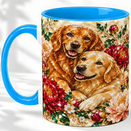 #pl[11oz|Blue] Faceted Golden Retriever Floral Accent Mug, Ceramic Cup for Dog Lovers