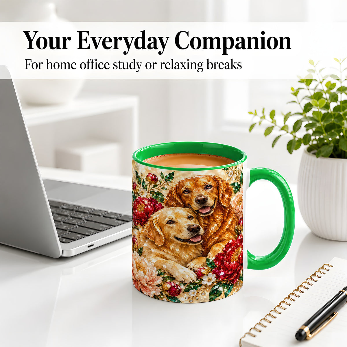 #pl[11oz|Green] Faceted Golden Retriever Floral Accent Mug, Ceramic Cup for Dog Lovers