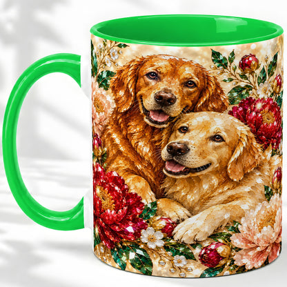 #pl[11oz|Green] Faceted Golden Retriever Floral Accent Mug, Ceramic Cup for Dog Lovers