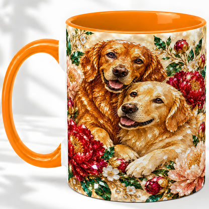 #pl[11oz|Orange] Faceted Golden Retriever Floral Accent Mug, Ceramic Cup for Dog Lovers