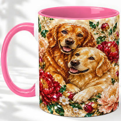 #pl[11oz|Pink] Faceted Golden Retriever Floral Accent Mug, Ceramic Cup for Dog Lovers
