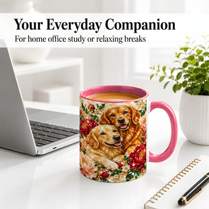#pl[11oz|Pink] Faceted Golden Retriever Floral Accent Mug, Ceramic Cup for Dog Lovers