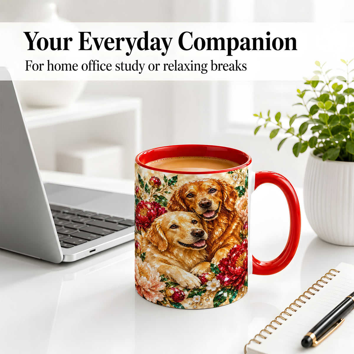 #pl[11oz|Red] Faceted Golden Retriever Floral Accent Mug, Ceramic Cup for Dog Lovers