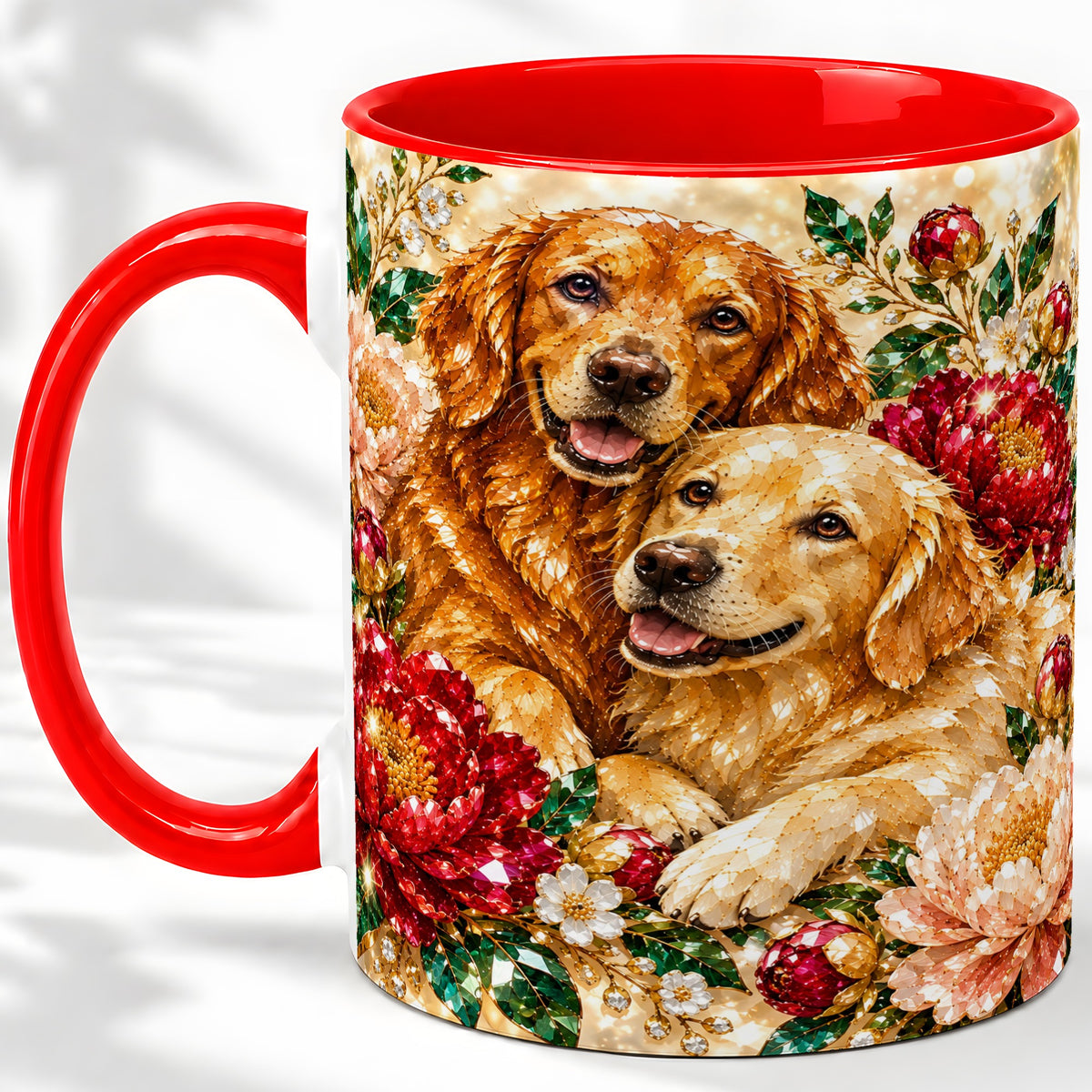 Faceted Golden Retriever Floral Accent Mug, Ceramic Cup for Dog Lovers