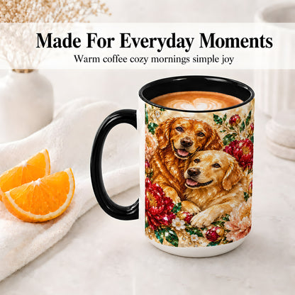 #pl[15oz|Black] Faceted Golden Retriever Floral Accent Mug, Ceramic Cup for Dog Lovers