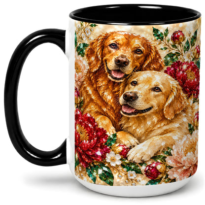 #pl[15oz|Black] Faceted Golden Retriever Floral Accent Mug, Ceramic Cup for Dog Lovers
