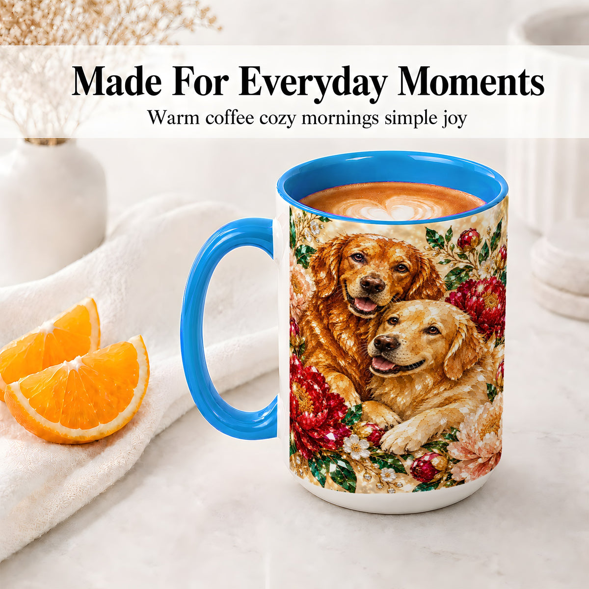 #pl[15oz|Blue] Faceted Golden Retriever Floral Accent Mug, Ceramic Cup for Dog Lovers