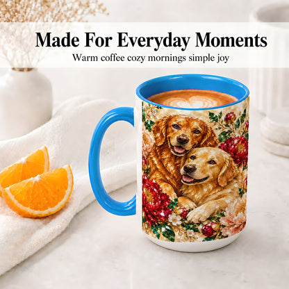 #pl[15oz|Blue] Faceted Golden Retriever Floral Accent Mug, Ceramic Cup for Dog Lovers