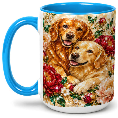 #pl[15oz|Blue] Faceted Golden Retriever Floral Accent Mug, Ceramic Cup for Dog Lovers