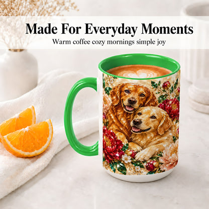 #pl[15oz|Green] Faceted Golden Retriever Floral Accent Mug, Ceramic Cup for Dog Lovers