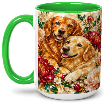 #pl[15oz|Green] Faceted Golden Retriever Floral Accent Mug, Ceramic Cup for Dog Lovers