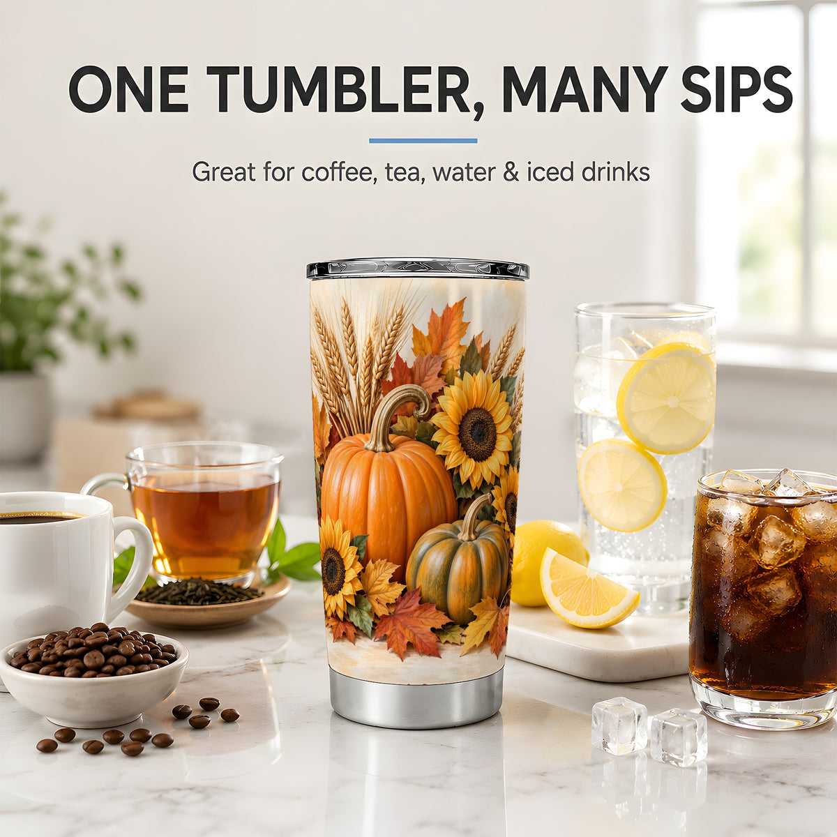 Autumn Pumpkin Sunflower 20oz Tumbler, Seasonal Drinkware for Fall