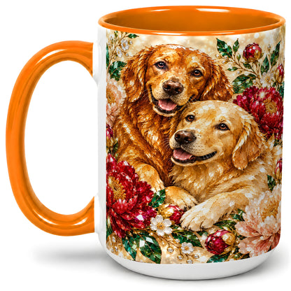#pl[15oz|Orange] Faceted Golden Retriever Floral Accent Mug, Ceramic Cup for Dog Lovers