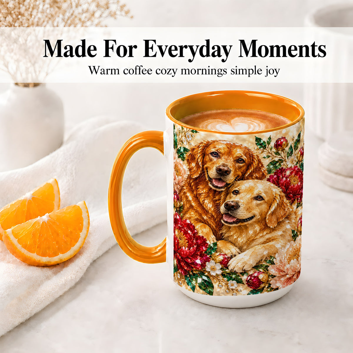 #pl[15oz|Orange] Faceted Golden Retriever Floral Accent Mug, Ceramic Cup for Dog Lovers