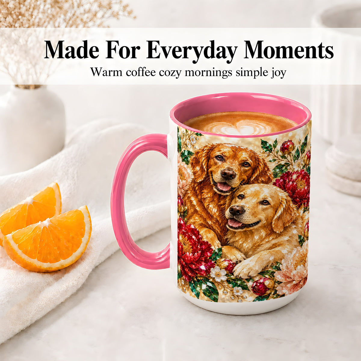 #pl[15oz|Pink] Faceted Golden Retriever Floral Accent Mug, Ceramic Cup for Dog Lovers