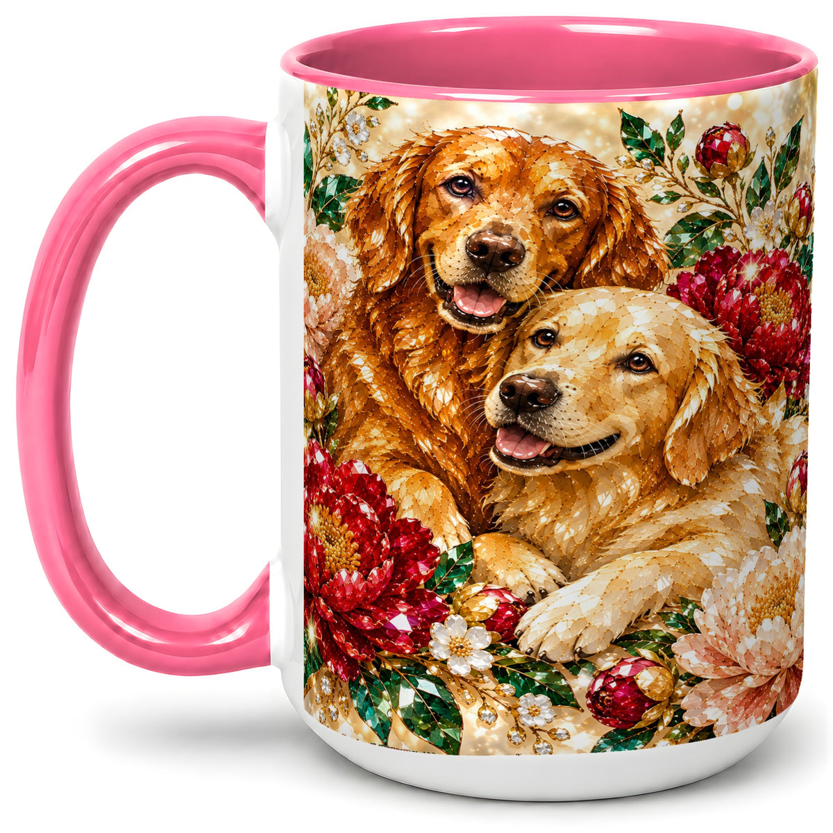 #pl[15oz|Pink] Faceted Golden Retriever Floral Accent Mug, Ceramic Cup for Dog Lovers