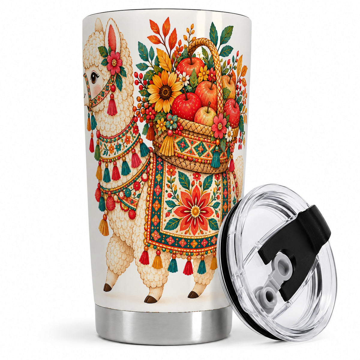 Autumn Llama Apple Basket 20oz Tumbler, Seasonal Drinkware for Animal Fans