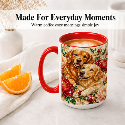 #pl[15oz|Red] Faceted Golden Retriever Floral Accent Mug, Ceramic Cup for Dog Lovers