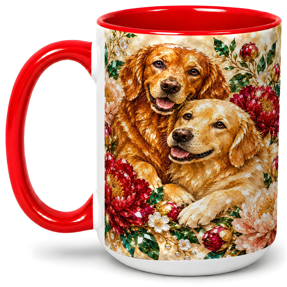 #pl[15oz|Red] Faceted Golden Retriever Floral Accent Mug, Ceramic Cup for Dog Lovers