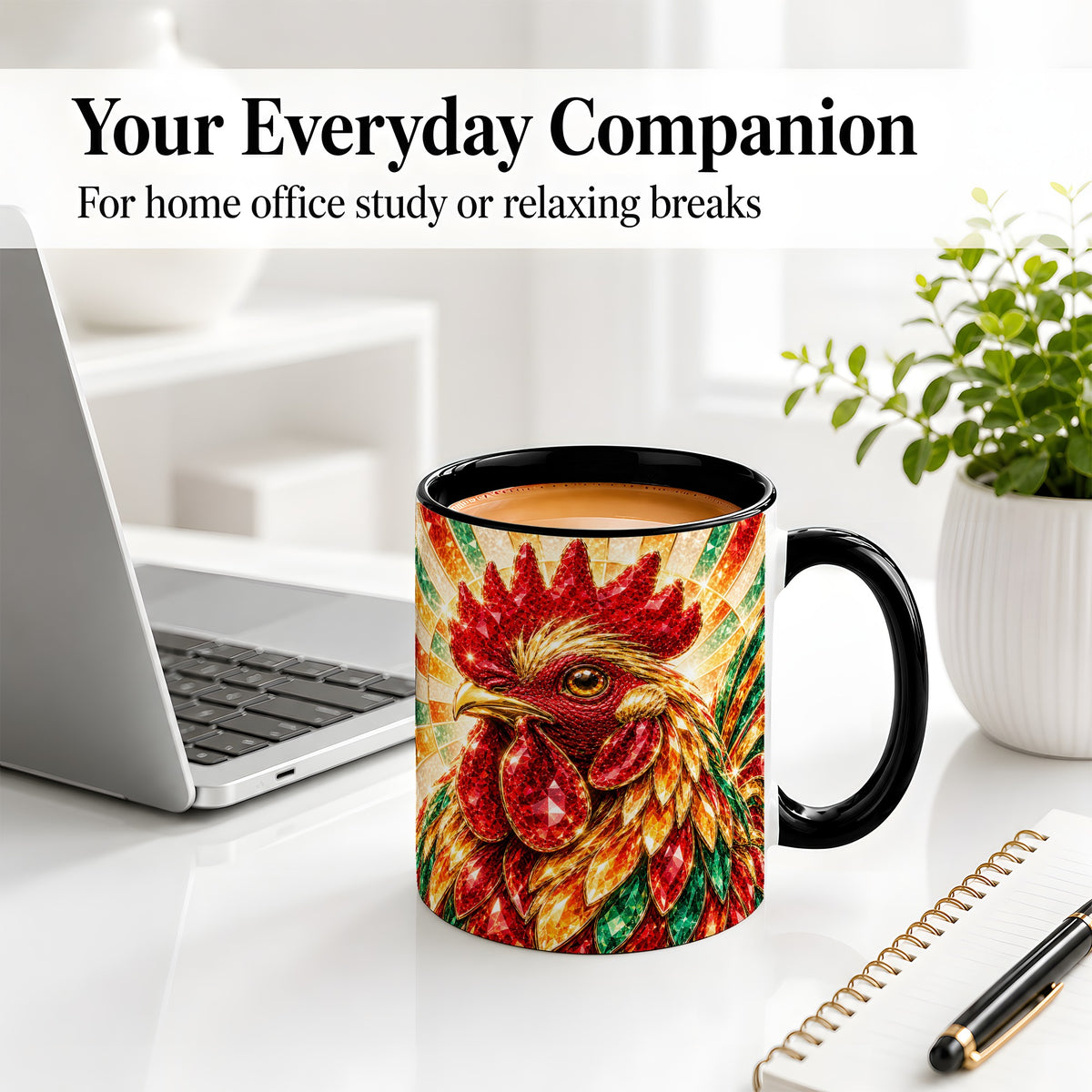 #pl[11oz|Black] Colorful Faceted Rooster Accent Mug, Ceramic Cup for Farm Fans