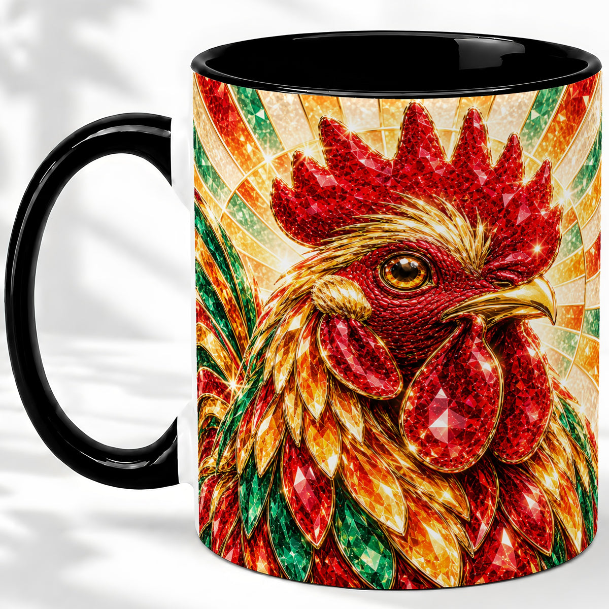 #pl[11oz|Black] Colorful Faceted Rooster Accent Mug, Ceramic Cup for Farm Fans