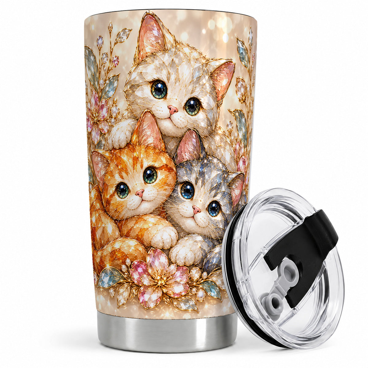 Faceted Cat Floral 20oz Tumbler, Decorative Drinkware for Cat Lovers