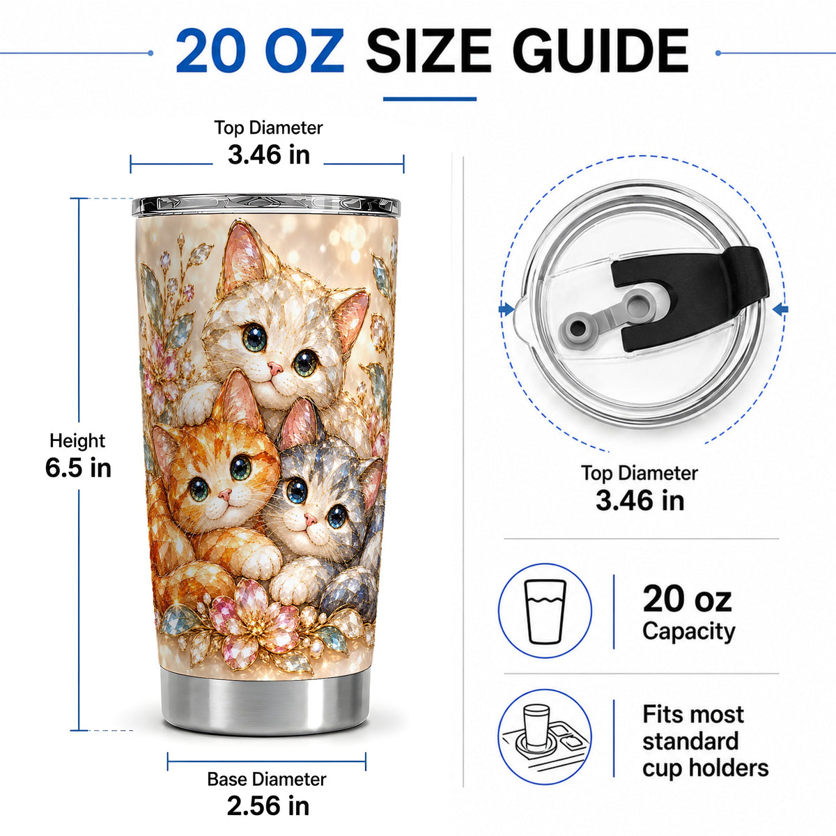 #pl[20oz|Steel] Faceted Cat Floral 20oz Tumbler, Decorative Drinkware for Cat Lovers
