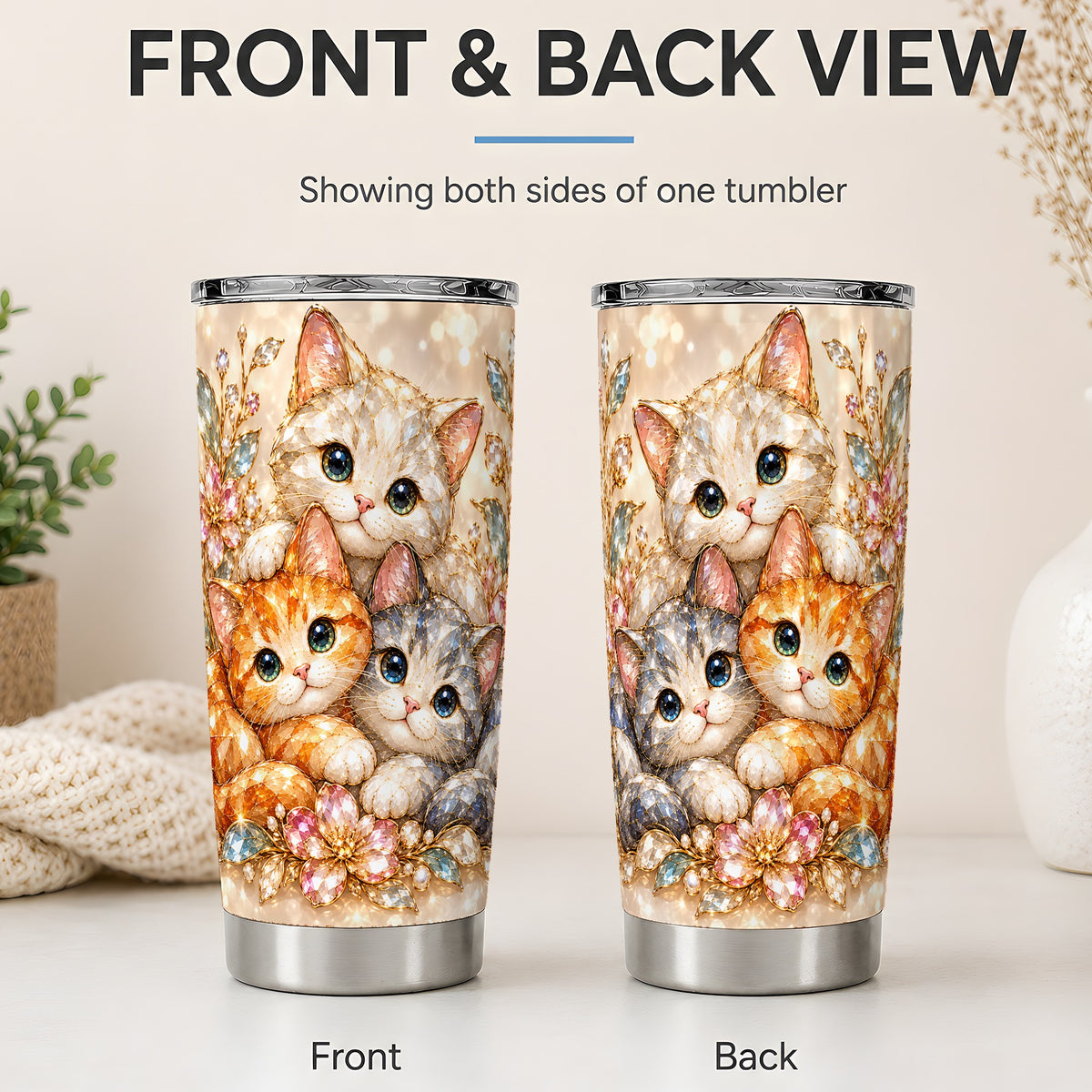 #pl[20oz|Steel] Faceted Cat Floral 20oz Tumbler, Decorative Drinkware for Cat Lovers