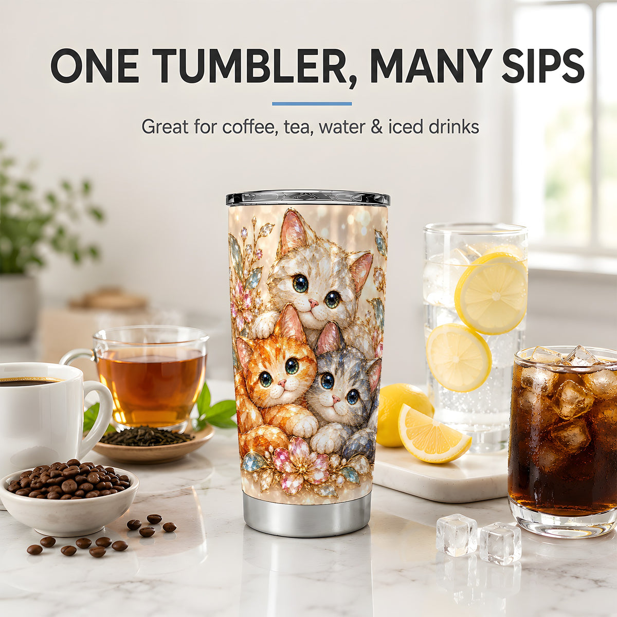 Faceted Cat Floral 20oz Tumbler, Decorative Drinkware for Cat Lovers