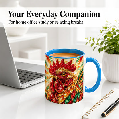 #pl[11oz|Blue] Colorful Faceted Rooster Accent Mug, Ceramic Cup for Farm Fans