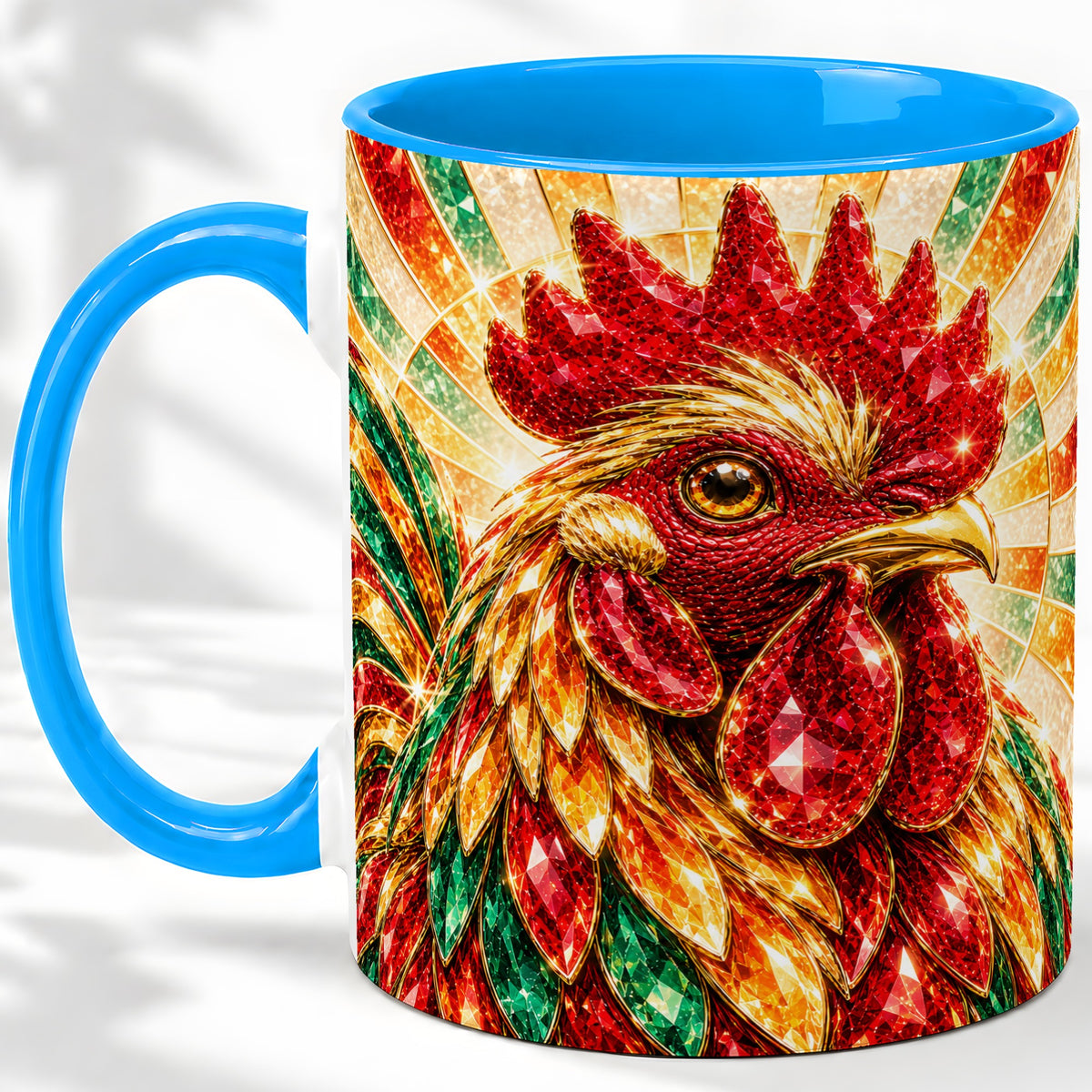 #pl[11oz|Blue] Colorful Faceted Rooster Accent Mug, Ceramic Cup for Farm Fans