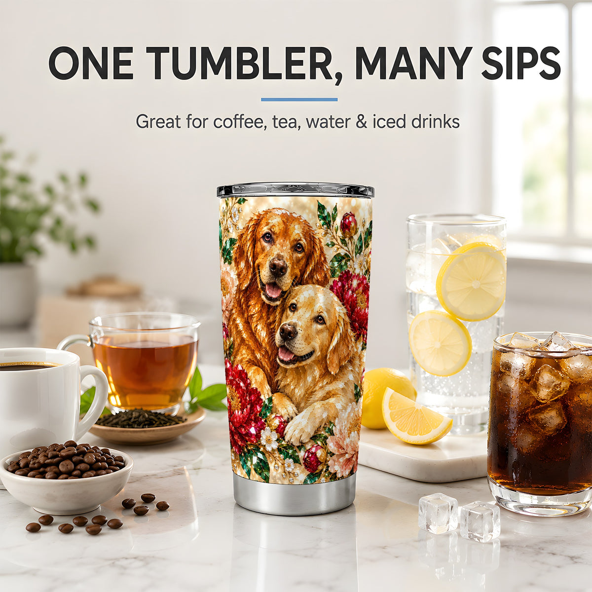 Faceted Golden Retriever Floral 20oz Tumbler, Drinkware for Dog Lovers