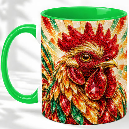 #pl[11oz|Green] Colorful Faceted Rooster Accent Mug, Ceramic Cup for Farm Fans