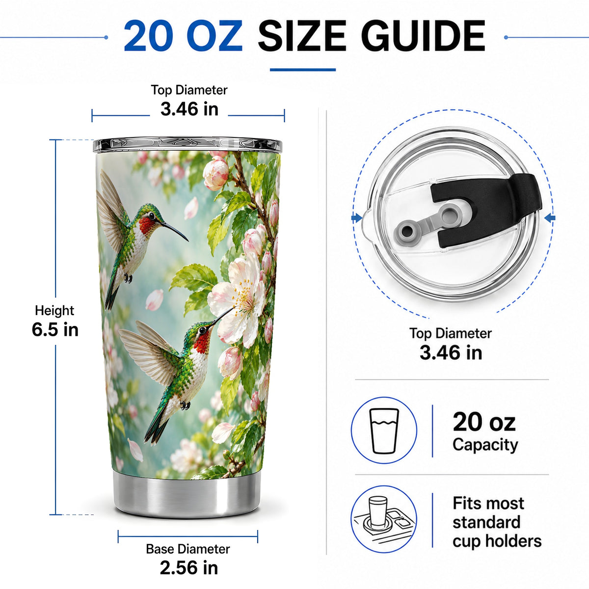 #pl[20oz|Steel] Hummingbird Spring Blossom 20oz Tumbler, Nature Drinkware for Bird Lovers