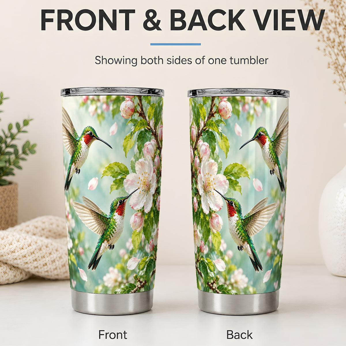 #pl[20oz|Steel] Hummingbird Spring Blossom 20oz Tumbler, Nature Drinkware for Bird Lovers