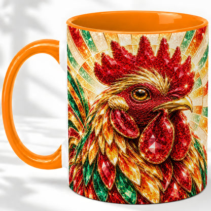 #pl[11oz|Orange] Colorful Faceted Rooster Accent Mug, Ceramic Cup for Farm Fans