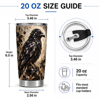 #pl[20oz|Steel] Black Raven Floral 20oz Tumbler, Moon and Gem-Inspired Bird Artwork