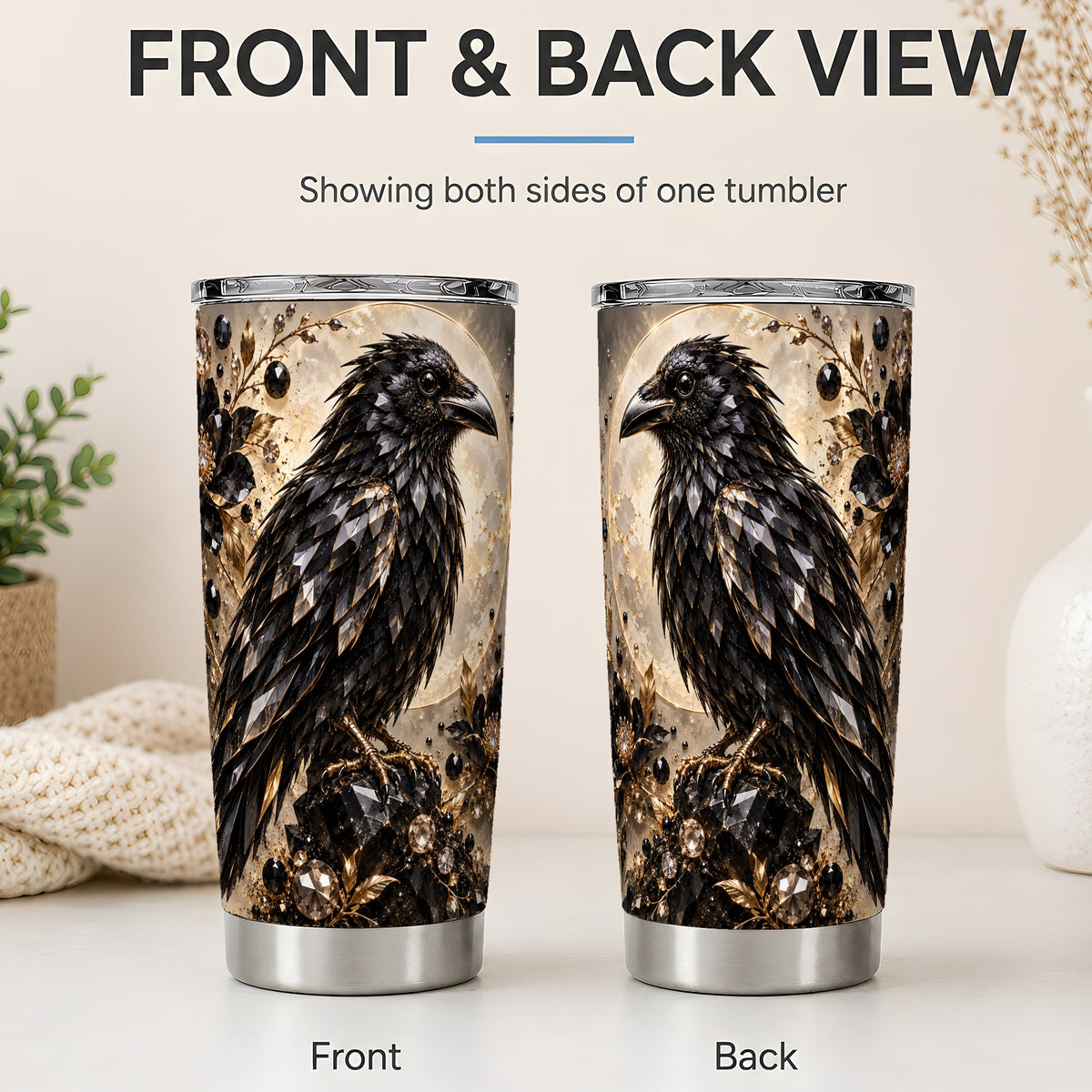 #pl[20oz|Steel] Black Raven Floral 20oz Tumbler, Moon and Gem-Inspired Bird Artwork