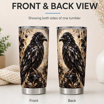 #pl[20oz|Steel] Black Raven Floral 20oz Tumbler, Moon and Gem-Inspired Bird Artwork