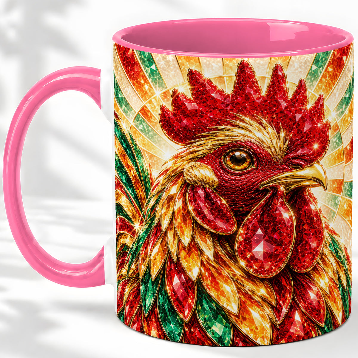 #pl[11oz|Pink] Colorful Faceted Rooster Accent Mug, Ceramic Cup for Farm Fans