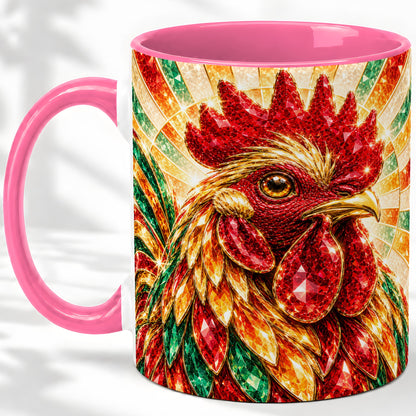 #pl[11oz|Pink] Colorful Faceted Rooster Accent Mug, Ceramic Cup for Farm Fans