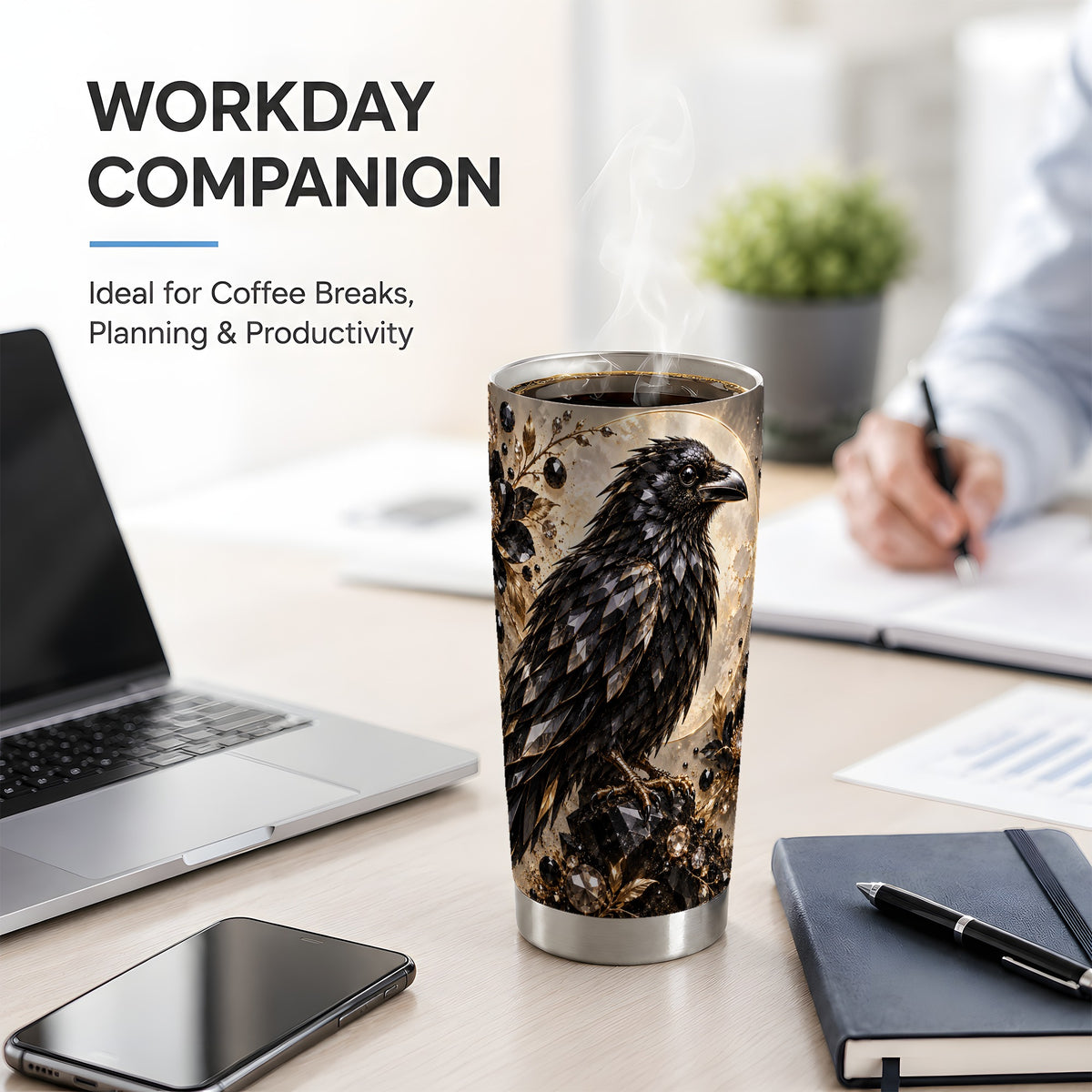 Black Raven Floral 20oz Tumbler, Moon and Gem-Inspired Bird Artwork