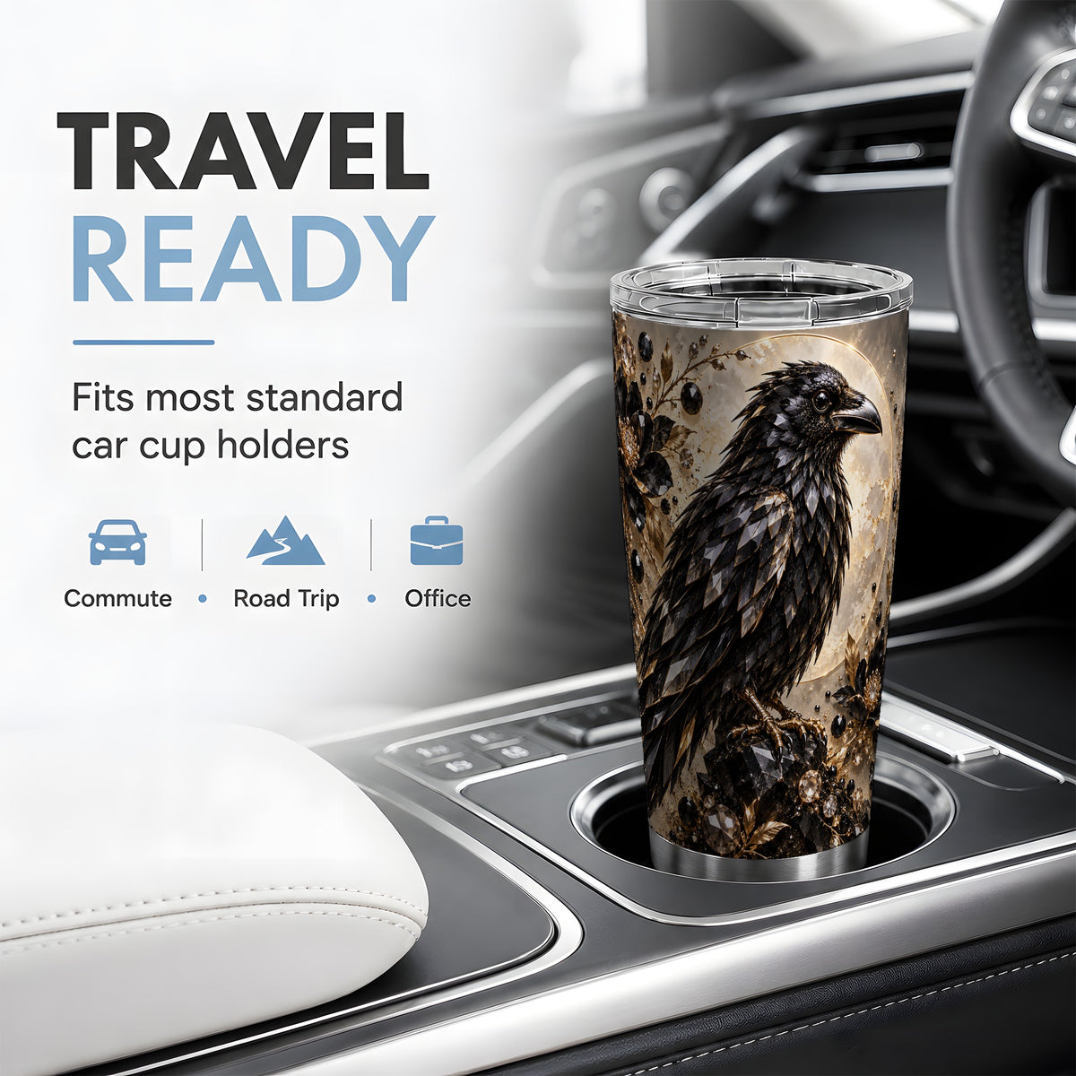 Black Raven Floral 20oz Tumbler, Moon and Gem-Inspired Bird Artwork