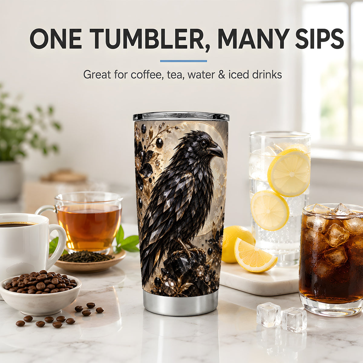 Black Raven Floral 20oz Tumbler, Moon and Gem-Inspired Bird Artwork